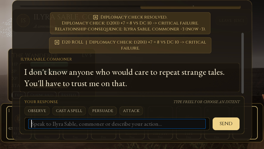Actual NPC dialogue panel showing a natural-one Diplomacy critical failure, a relationship penalty, and Ilyra Sable's reply