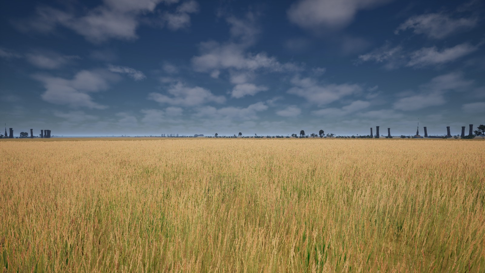 Golden glass-wheat fields beneath a blue development sky