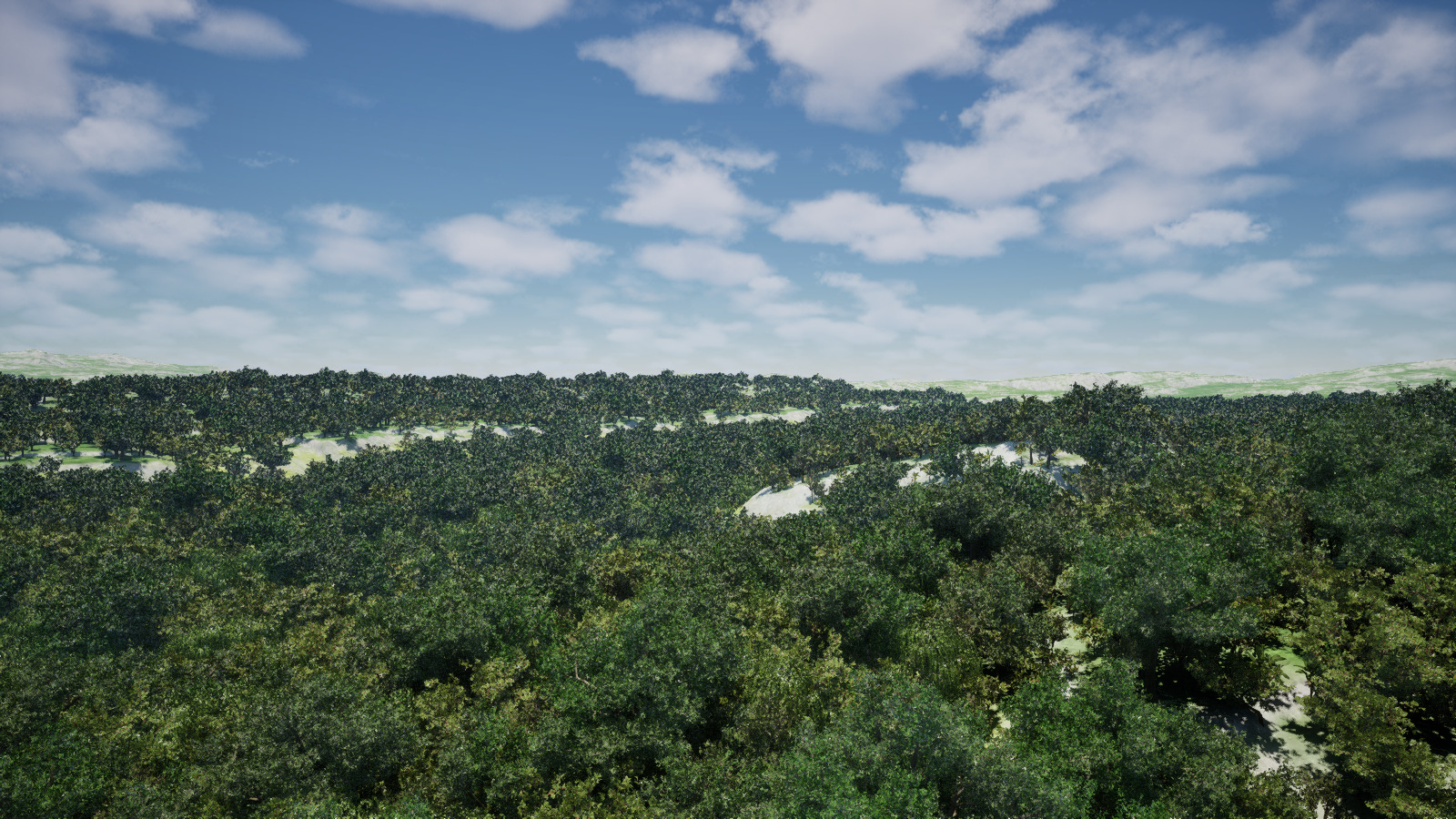 An elevated game camera looking over the rolling green tree canopy of the Jungle biome