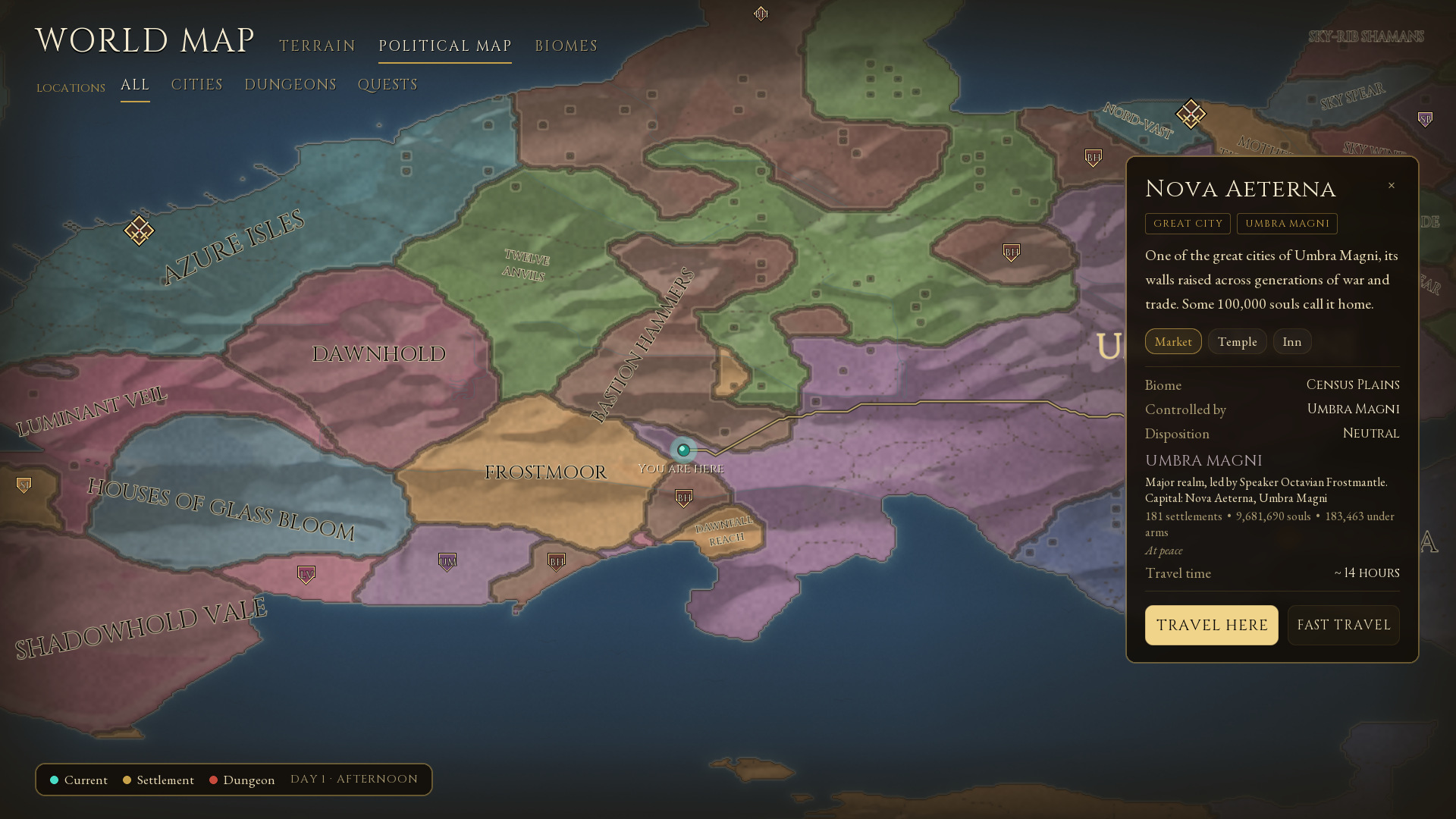 The game's Political map showing colored realms, settlement markers, roads and the selected Nova Aeterna information panel