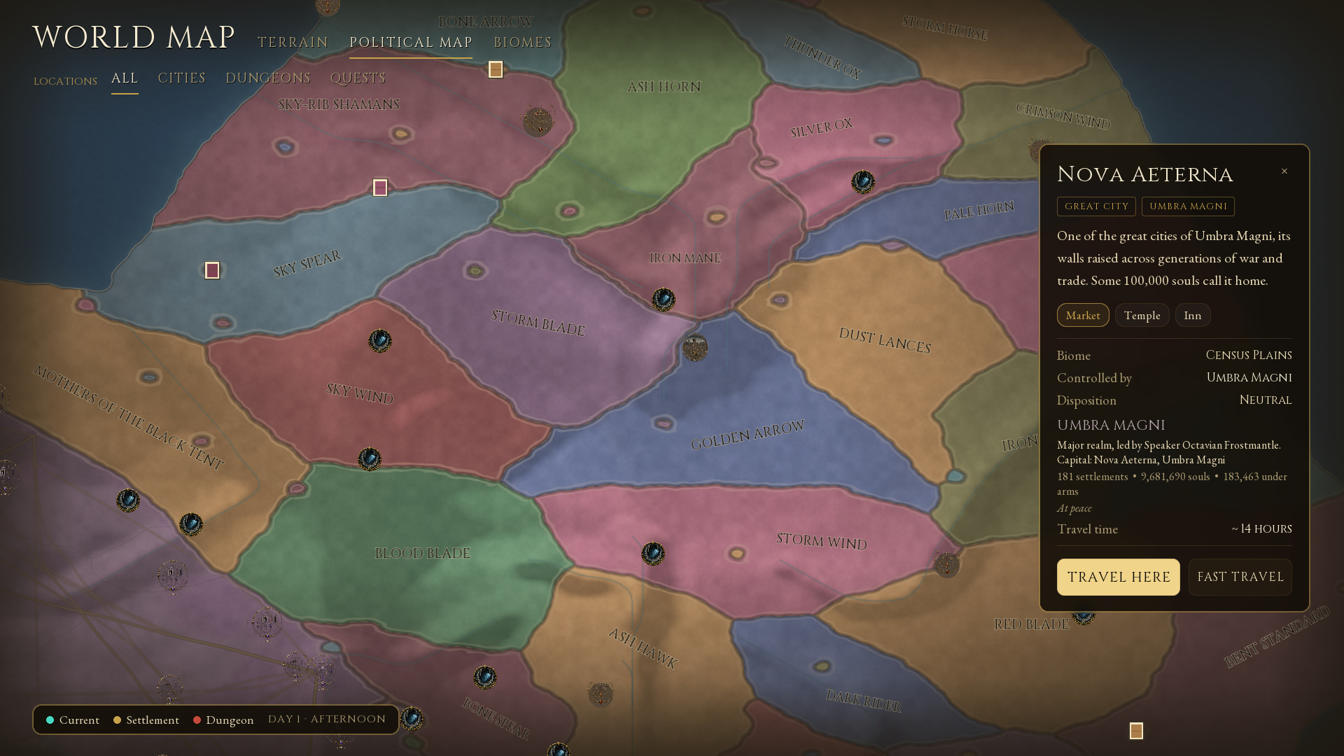 A closer Political map view of the Obsidian Steppe with named Khavari territories, settlements and connecting routes