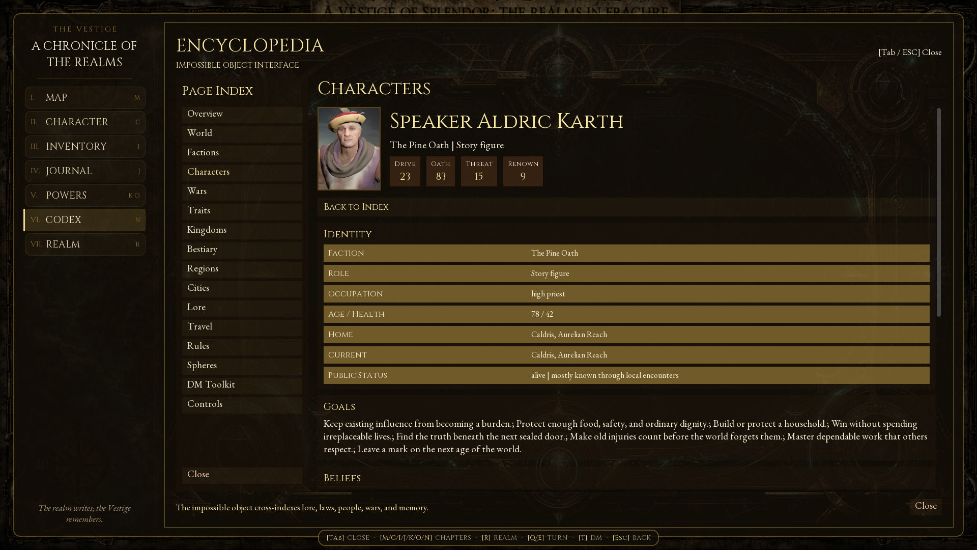 The in-game character dossier for Speaker Aldric Karth shows his portrait, faction, identity, and personal goals.