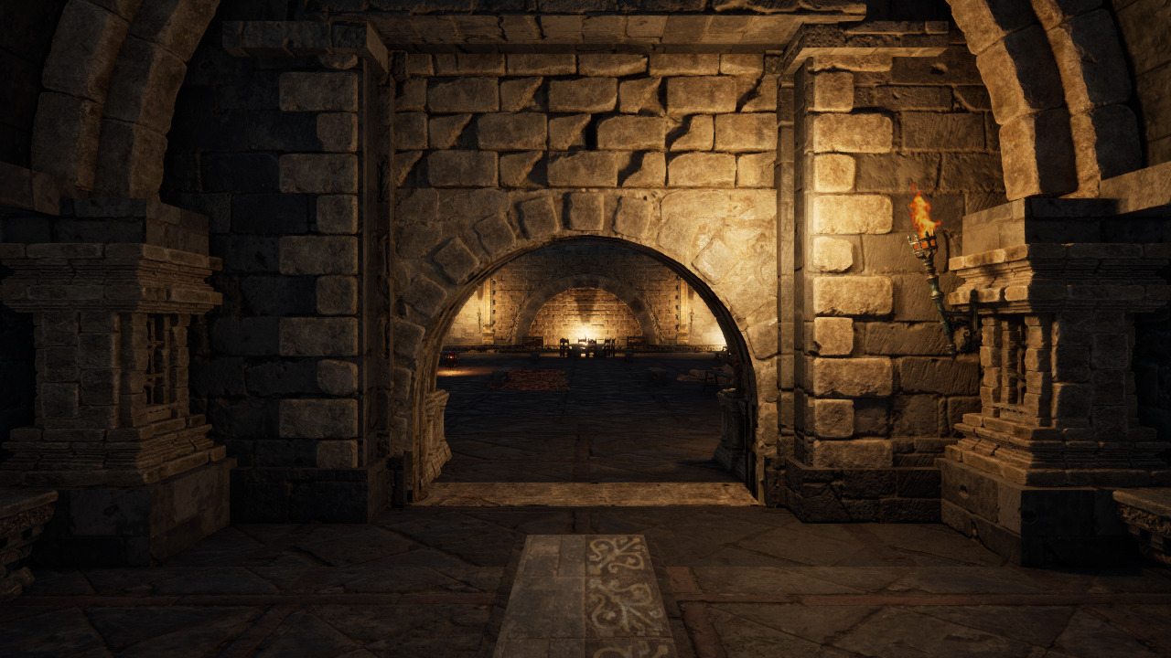 A stone doorway and heavy pillars frame a glowing hearth in the room beyond.