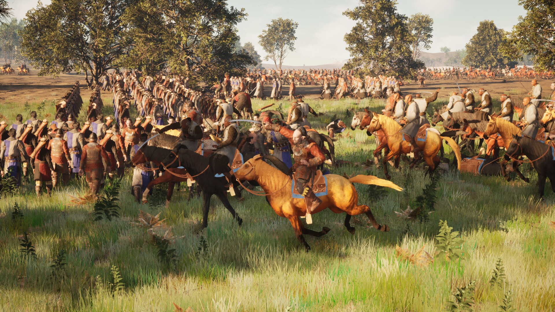 Mounted lancers charge alongside a dense formation of infantry in warm daylight.