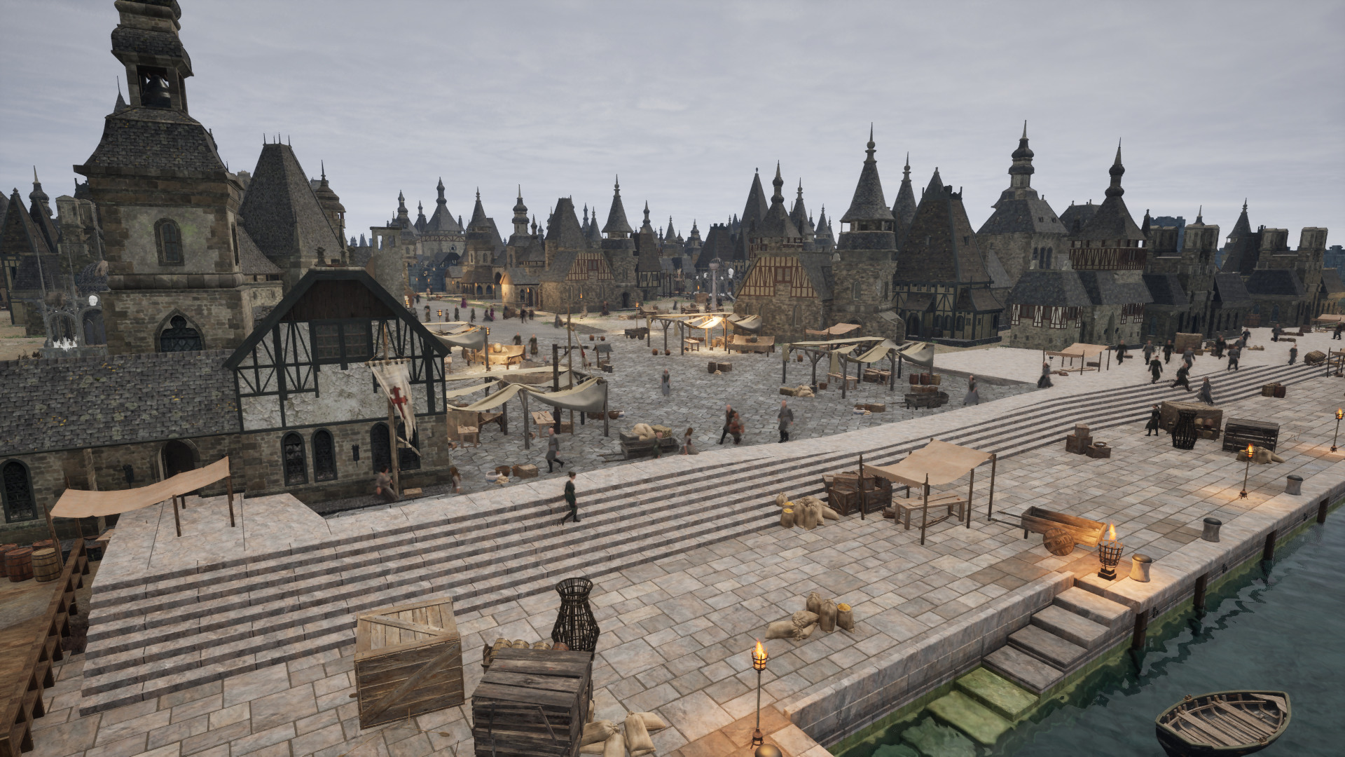 An elevated view over Moonmoor’s waterfront market, quays, timber buildings, and towers.