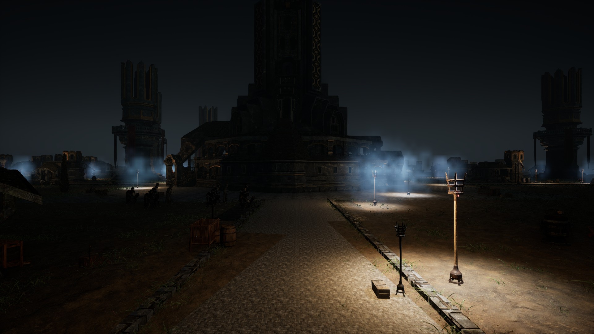Skeletal residents stand along a fog-shrouded street of dark-fantasy stone buildings beneath a dim sky.