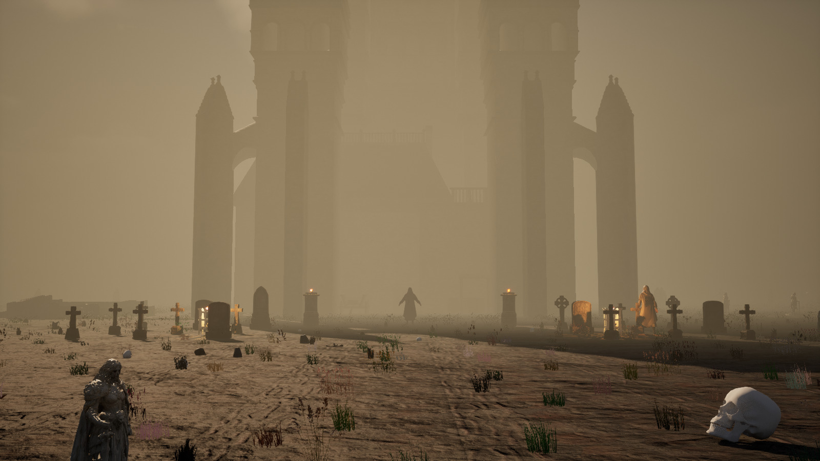 A towering necropolis looms above a barren approach lined with burning braziers.