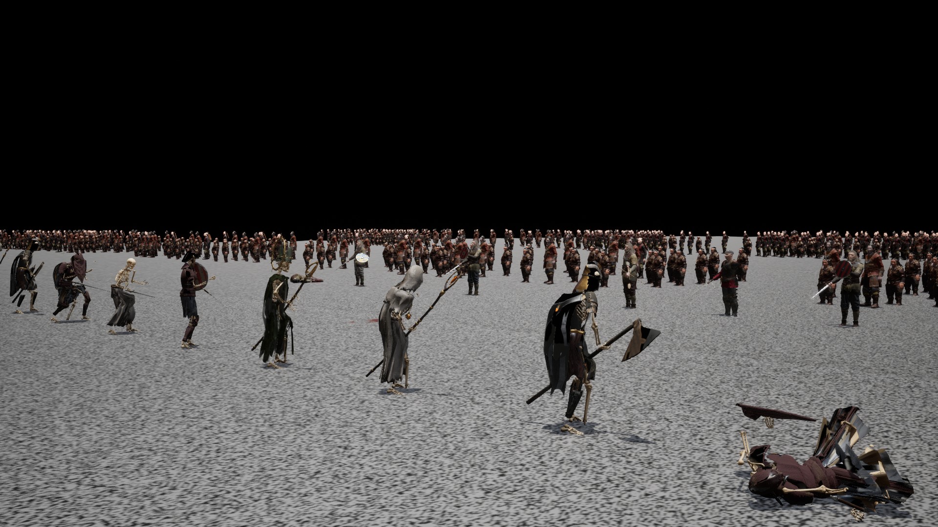 Human soldiers and risen skeletal warriors clash in close melee combat across a grassy battlefield.