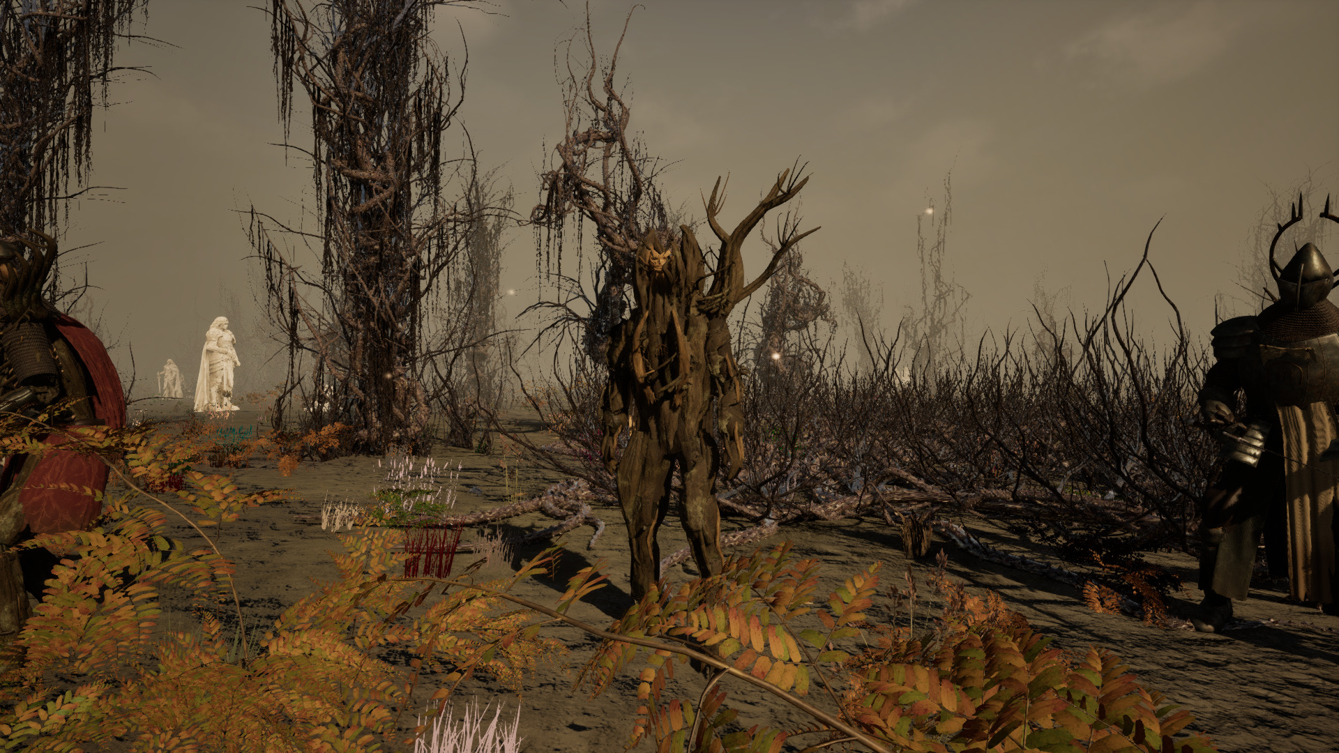 Gnarled thorn-covered growth and pale statues stand beneath a hazy sky.