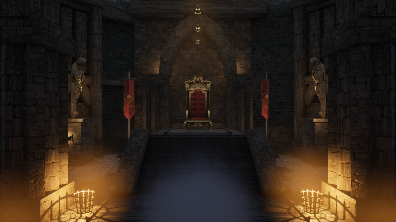 A red throne sits at the top of steps in a high stone chamber lit by flames.
