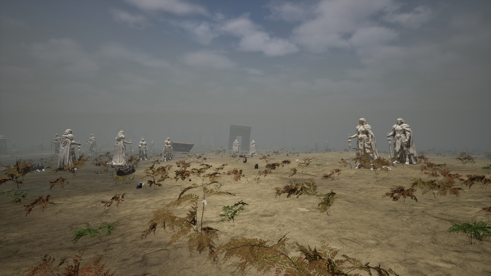 Monumental weathered statues and old stone ruins standing in the mist of the Thorn Choir