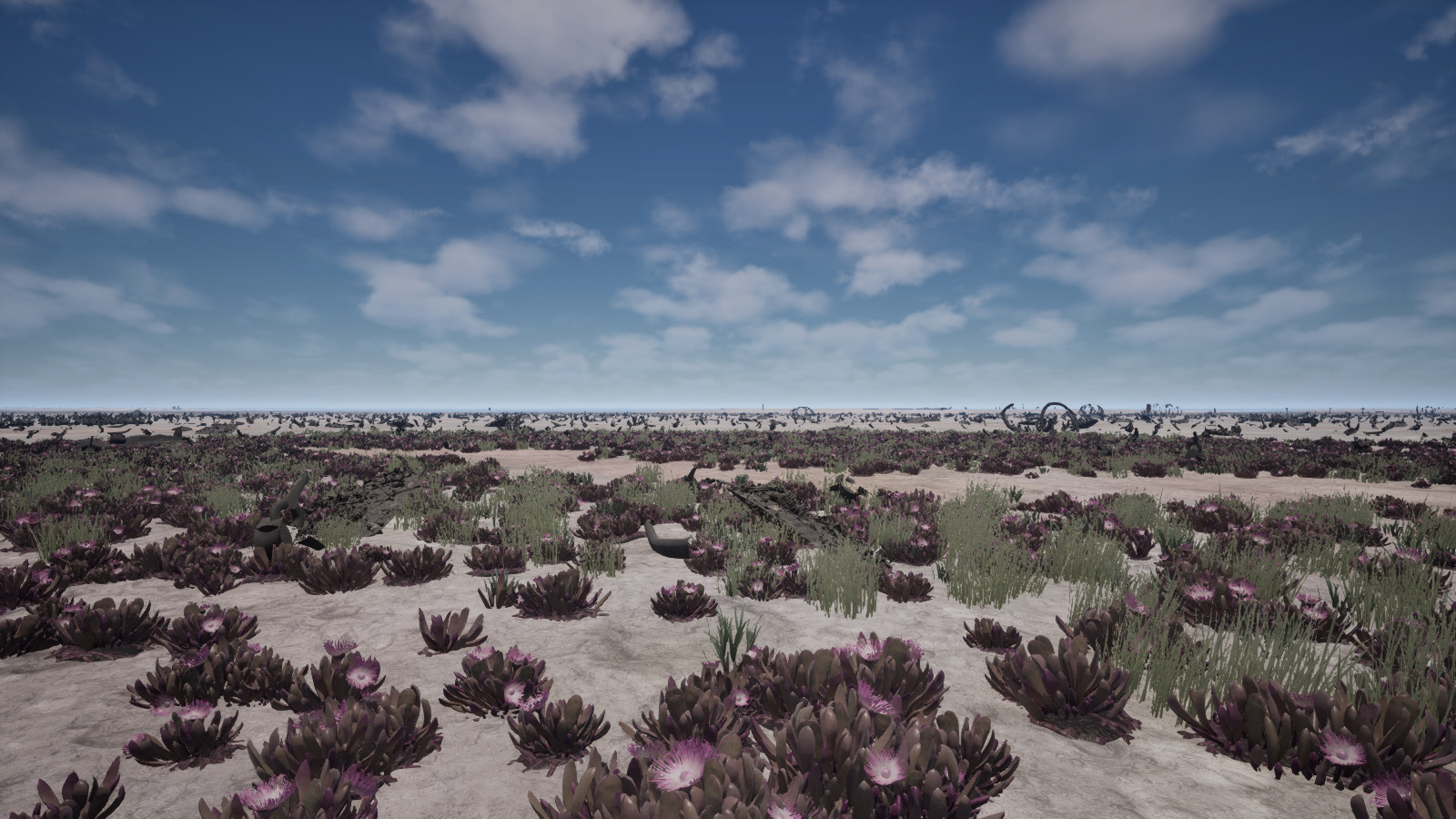 Pale coastal sand, strange purple flowering growth and scattered giant bones on the Whale Grave Shores